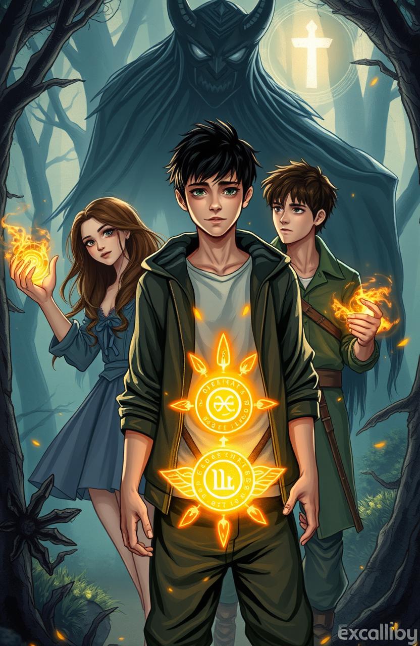 A dramatic fantasy scene depicting Noah Emrys, a teenage witch with short dark hair and wearing contemporary casual attire, standing resolutely in a mystical forest