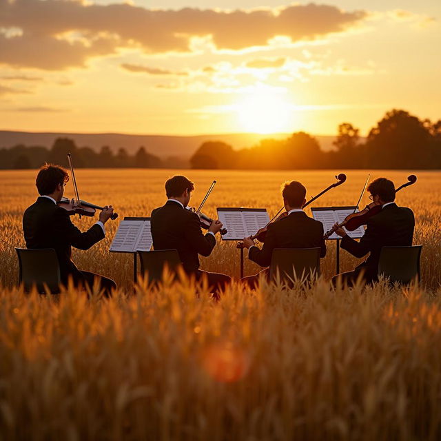 A breathtaking scene of a symphony orchestra performing in the middle of a vast oat field during golden hour