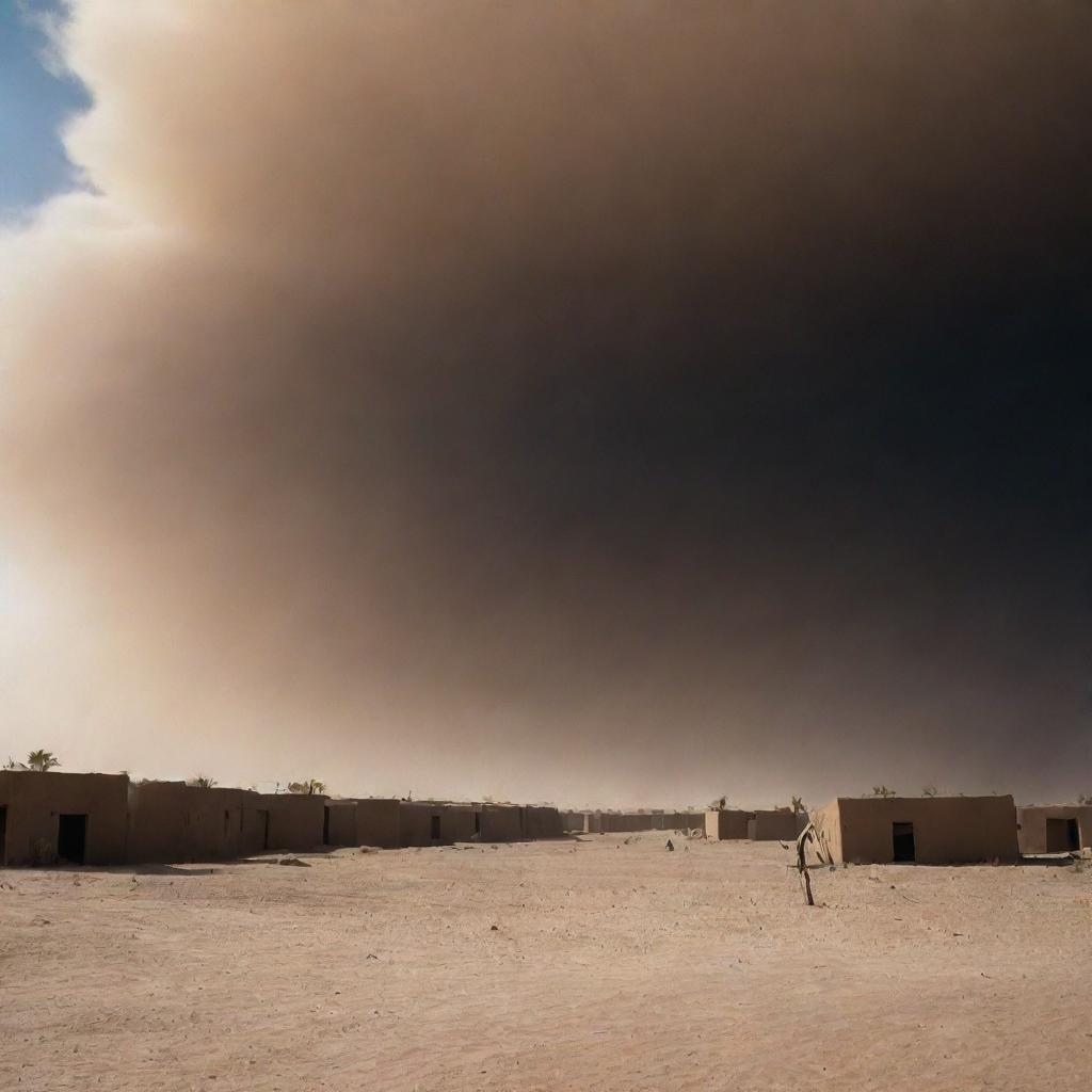 The sky transitions into pitch-black darkness, as the relentless sandstorm obliterates any remnant of daylight, casting an eerie shadow over the desert village.