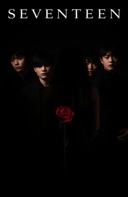 A dark themed album cover featuring the members of Seventeen, with dramatic lighting casting shadows on their faces