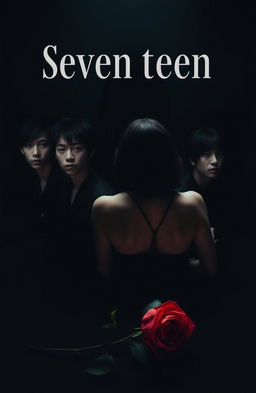 A dark themed album cover featuring the members of Seventeen, with dramatic lighting casting shadows on their faces
