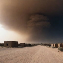 The sky transitions into pitch-black darkness, as the relentless sandstorm obliterates any remnant of daylight, casting an eerie shadow over the desert village.