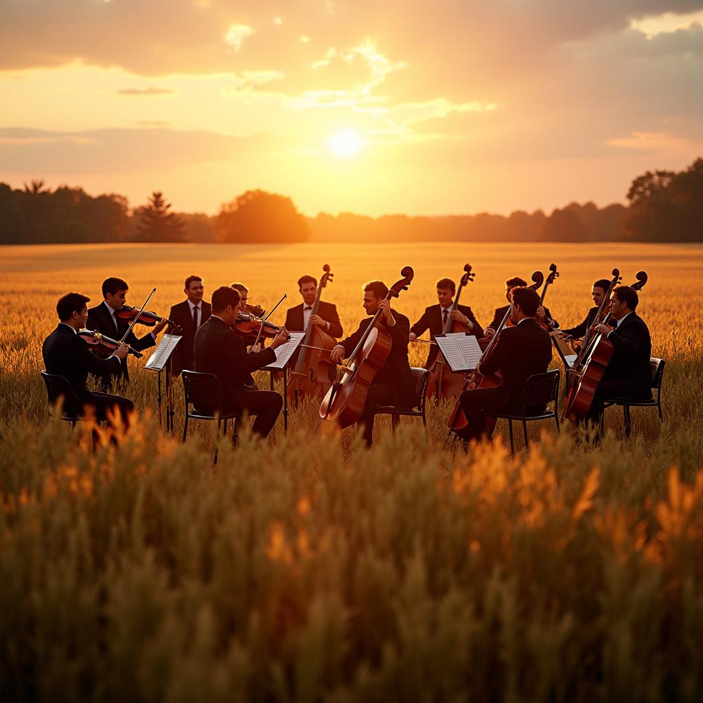 A complete symphony orchestra performing in the middle of a lush oat field, capturing the serenity and beauty of the golden hour