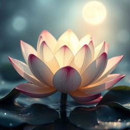 A stunning, high-definition image of a lotus flower surrounded by glistening water drops, illuminated by soft moonlight