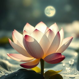 A stunning, high-definition image of a lotus flower surrounded by glistening water drops, illuminated by soft moonlight