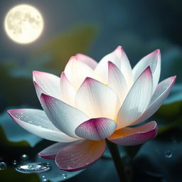 A stunning, high-definition image of a lotus flower surrounded by glistening water drops, illuminated by soft moonlight