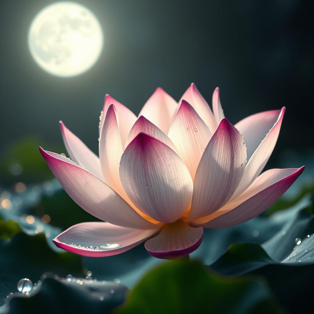 A stunning, high-definition image of a lotus flower surrounded by glistening water drops, illuminated by soft moonlight