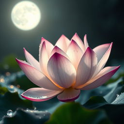 A stunning, high-definition image of a lotus flower surrounded by glistening water drops, illuminated by soft moonlight