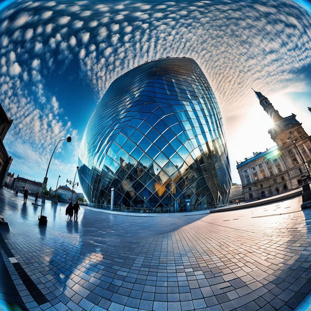 A futuristic civic building in a city square captured with a fisheye lens. The sun casts intriguing shadows on the cobbled pavement and plays off the undulating form of the parametric style building facade. Camera set to manual mode, f/8, ISO 200.