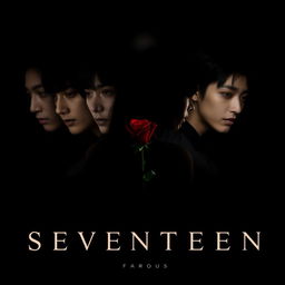An album cover design combining the members of Seventeen in a dark theme, where they are prominently featured with intense expressions and shadowy lighting