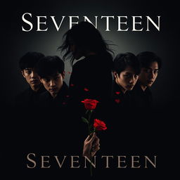 An album cover design combining the members of Seventeen in a dark theme, where they are prominently featured with intense expressions and shadowy lighting