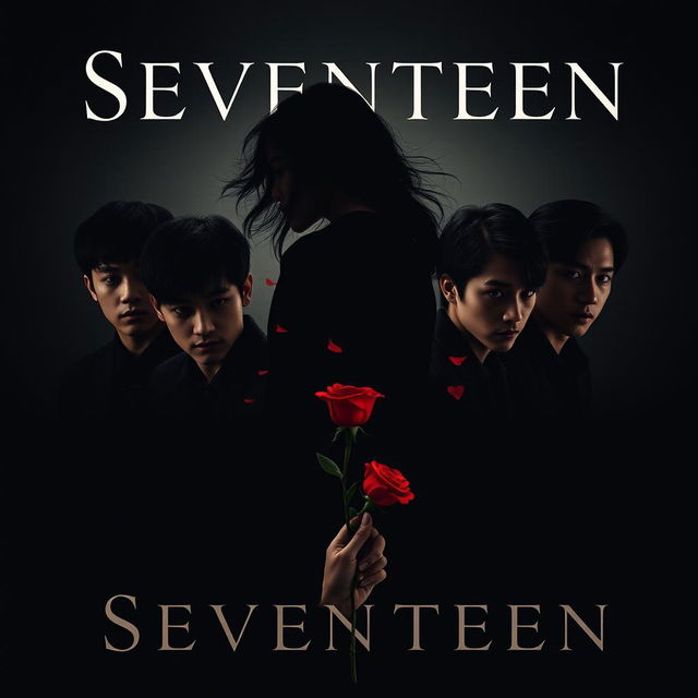 An album cover design combining the members of Seventeen in a dark theme, where they are prominently featured with intense expressions and shadowy lighting