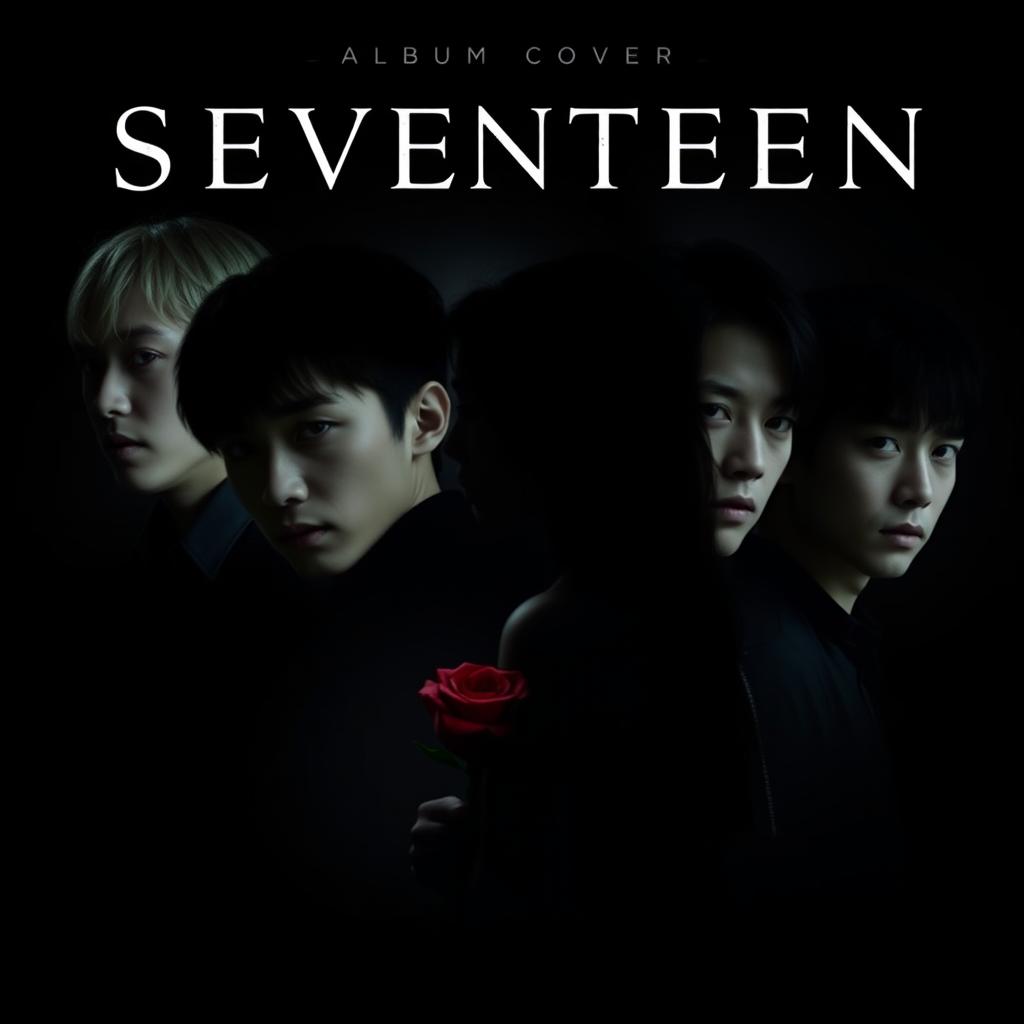 An album cover design combining the members of Seventeen in a dark theme, where they are prominently featured with intense expressions and shadowy lighting