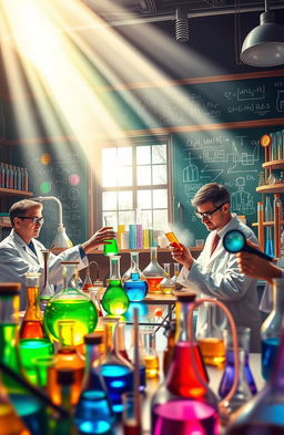 An immersive and colorful visual representation of a chemistry laboratory filled with various beakers, flasks, and test tubes