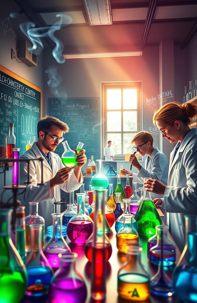 An immersive and colorful visual representation of a chemistry laboratory filled with various beakers, flasks, and test tubes