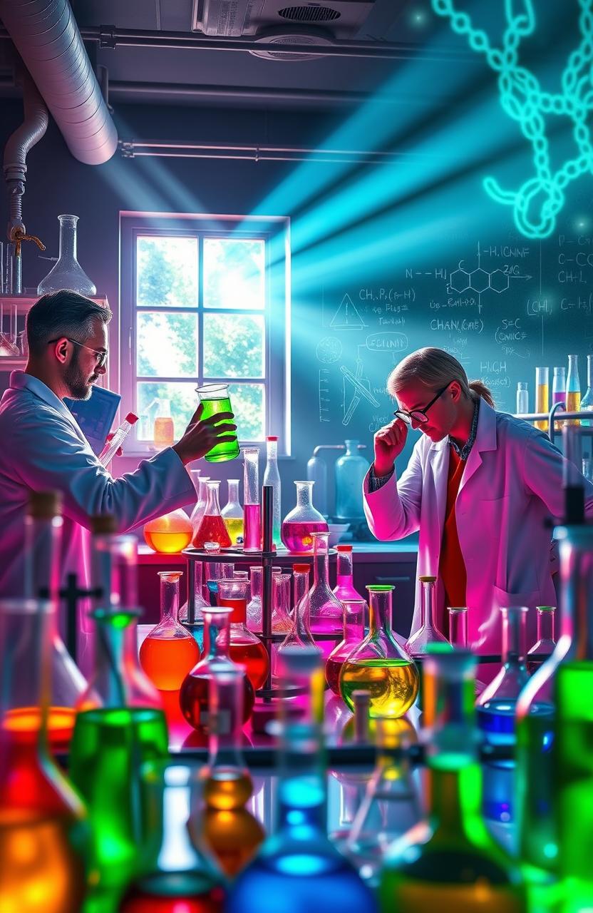 An immersive and colorful visual representation of a chemistry laboratory filled with various beakers, flasks, and test tubes