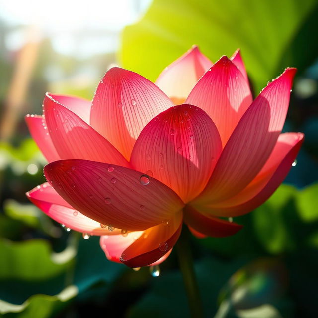 An enchanting, high-definition image of a lotus flower adorned with numerous sparkling water drops, basking in bright sunshine