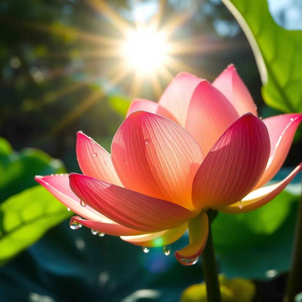 An enchanting, high-definition image of a lotus flower adorned with numerous sparkling water drops, basking in bright sunshine