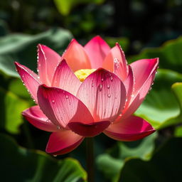 An enchanting, high-definition image of a lotus flower adorned with numerous sparkling water drops, basking in bright sunshine