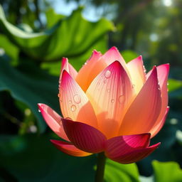An enchanting, high-definition image of a lotus flower adorned with numerous sparkling water drops, basking in bright sunshine
