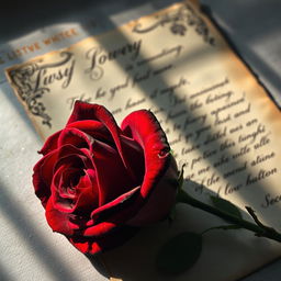 An elegant crimson rose with velvety petals, placed artistically beside an enigmatic, vintage-inspired letter featuring ornate calligraphy and aged paper