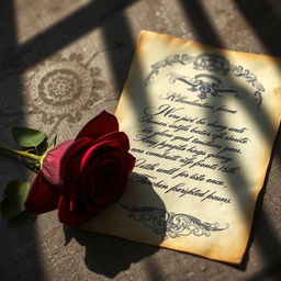 An elegant crimson rose with velvety petals, placed artistically beside an enigmatic, vintage-inspired letter featuring ornate calligraphy and aged paper