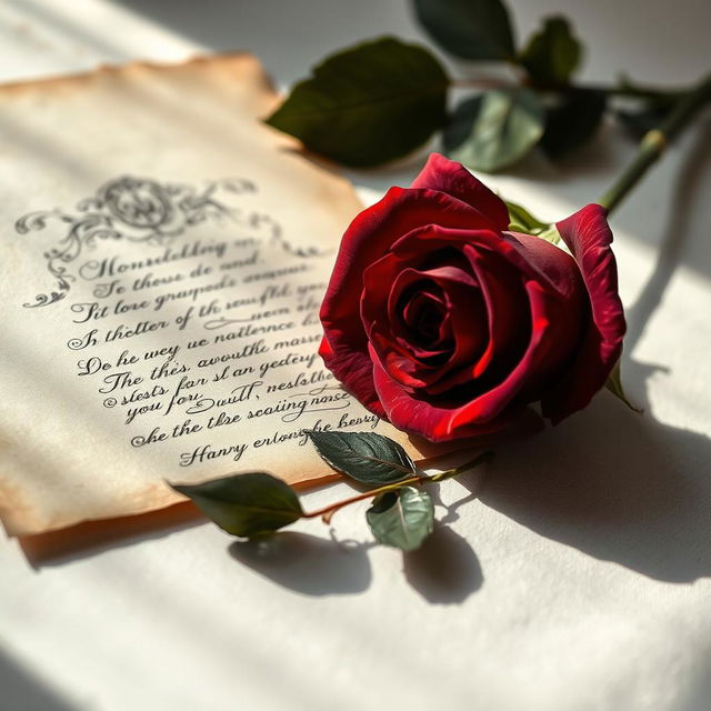 An elegant crimson rose with velvety petals, placed artistically beside an enigmatic, vintage-inspired letter featuring ornate calligraphy and aged paper