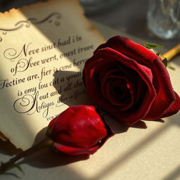 An elegant crimson rose with velvety petals, placed artistically beside an enigmatic, vintage-inspired letter featuring ornate calligraphy and aged paper