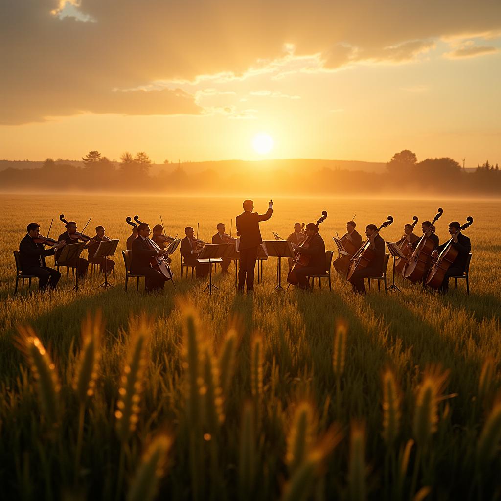 A stunning scene depicting a giant symphony orchestra performing in the middle of a lush oat field during golden hour