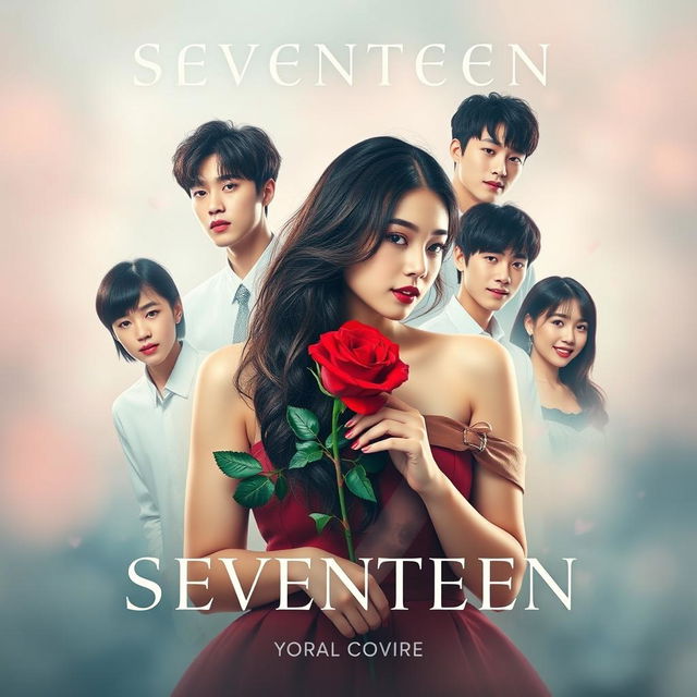 An album cover featuring the members of Seventeen, surrounded by a soft and artistic backdrop