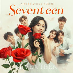 An album cover featuring the members of Seventeen, surrounded by a soft and artistic backdrop