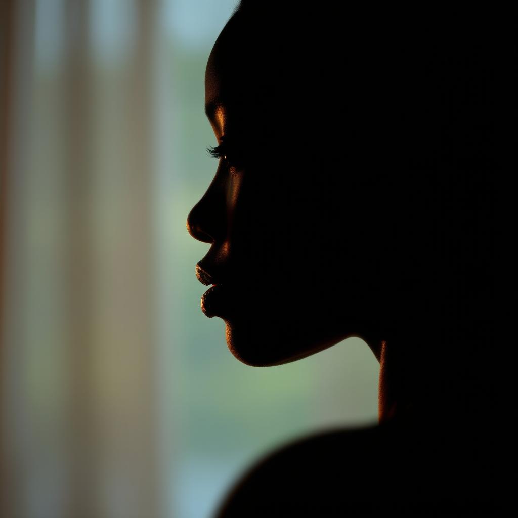 A detailed close-up of a beautiful African American woman's silhouette in a serene and artistic setting, suggesting femininity and strength