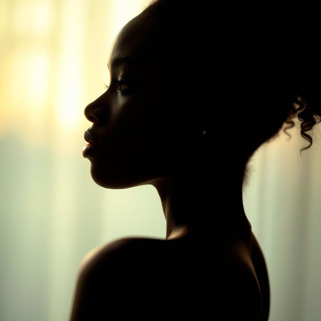 A detailed close-up of a beautiful African American woman's silhouette in a serene and artistic setting, suggesting femininity and strength