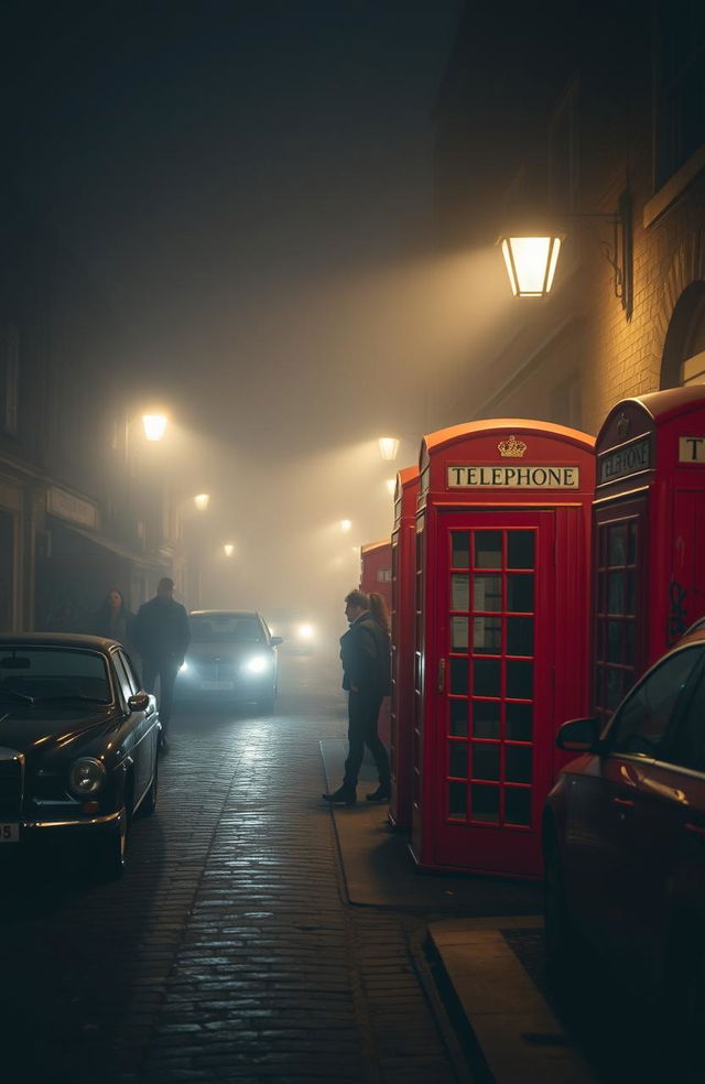 A mysterious scene inspired by London in the 1980s, showcasing a foggy street at night with iconic red telephone booths and vintage cars parked along the cobblestone road