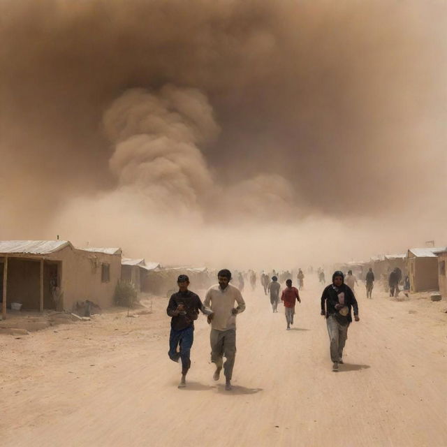 The inhabitants of the desert village reel in shock, scrambling and fleeing in panic as the suffocating sandstorm engulfs their homes.