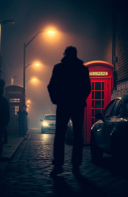 A mysterious scene inspired by London in the 1980s, showcasing a foggy street at night with iconic red telephone booths and vintage cars parked along the cobblestone road