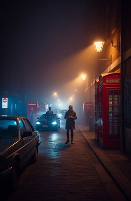 A mysterious scene inspired by London in the 1980s, showcasing a foggy street at night with iconic red telephone booths and vintage cars parked along the cobblestone road