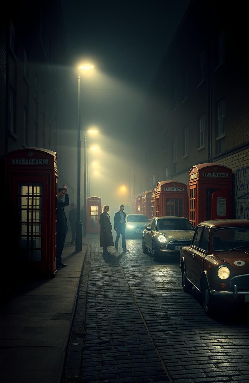 A mysterious scene inspired by London in the 1980s, showcasing a foggy street at night with iconic red telephone booths and vintage cars parked along the cobblestone road