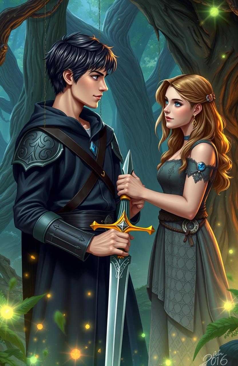 In a fantasy setting, 18-year-old male witch Noah Emerys, with striking sapphire blue eyes, is holding the legendary sword Excalibur, looking into the eyes of his best friend Joe King, who has alluring emerald green eyes