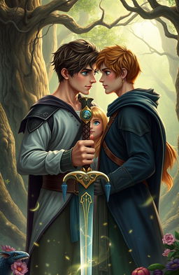 In a fantasy setting, 18-year-old male witch Noah Emerys, with striking sapphire blue eyes, is holding the legendary sword Excalibur, looking into the eyes of his best friend Joe King, who has alluring emerald green eyes