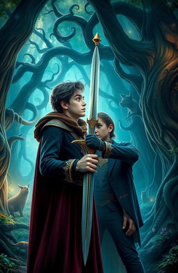 In a fantasy setting, 18-year-old male witch Noah Emerys, with striking sapphire blue eyes, is holding the legendary sword Excalibur, looking into the eyes of his best friend Joe King, who has alluring emerald green eyes