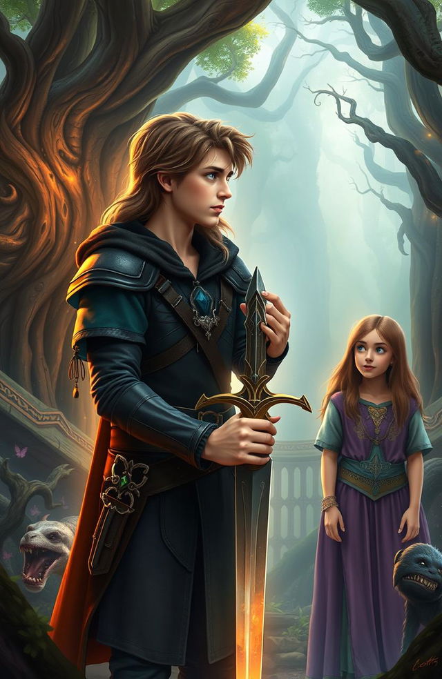 In a fantasy setting, 18-year-old male witch Noah Emerys, with striking sapphire blue eyes, is holding the legendary sword Excalibur, looking into the eyes of his best friend Joe King, who has alluring emerald green eyes