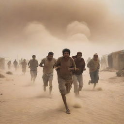 The inhabitants of the desert village reel in shock, scrambling and fleeing in panic as the suffocating sandstorm engulfs their homes.