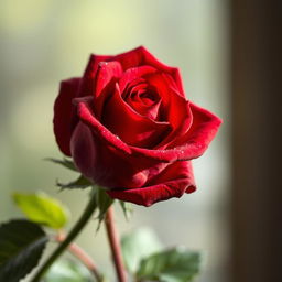 A captivating and stunning artwork featuring a single red rose in full bloom, set against a soft-focus background that enhances its beauty