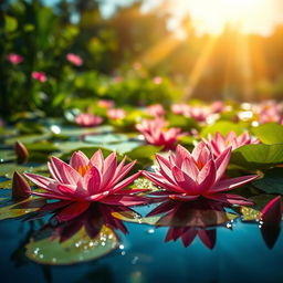 A breathtaking, high-definition image of a waterbed filled with vibrant, blossoming lilies, each adorned with sparkling water drops