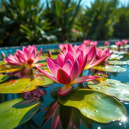 A breathtaking, high-definition image of a waterbed filled with vibrant, blossoming lilies, each adorned with sparkling water drops