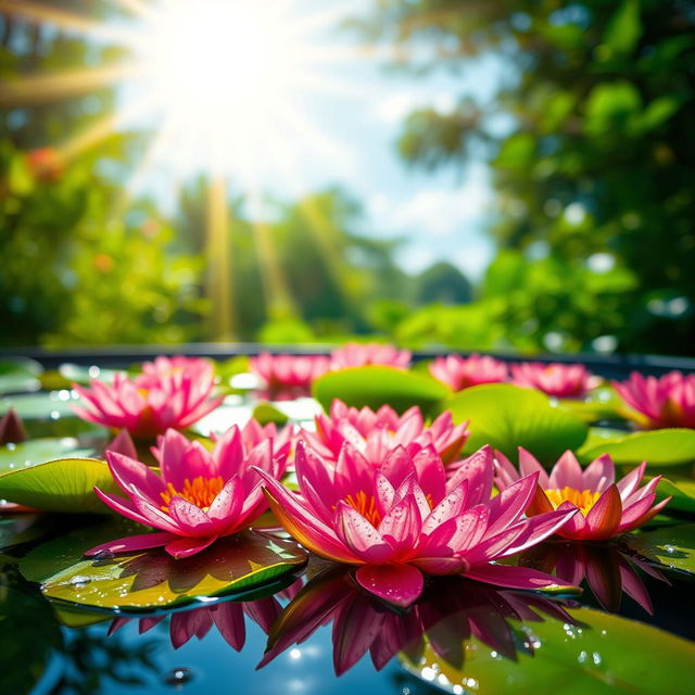 A breathtaking, high-definition image of a waterbed filled with vibrant, blossoming lilies, each adorned with sparkling water drops