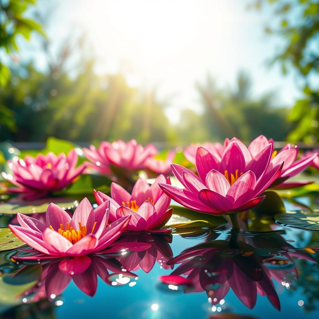 A breathtaking, high-definition image of a waterbed filled with vibrant, blossoming lilies, each adorned with sparkling water drops