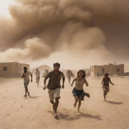 The inhabitants of the desert village reel in shock, scrambling and fleeing in panic as the suffocating sandstorm engulfs their homes.