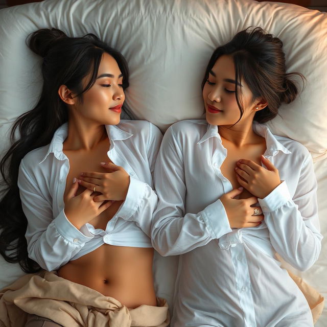 Two beautiful Indonesian women, both 20 years old with fair skin, lying on a soft bed together